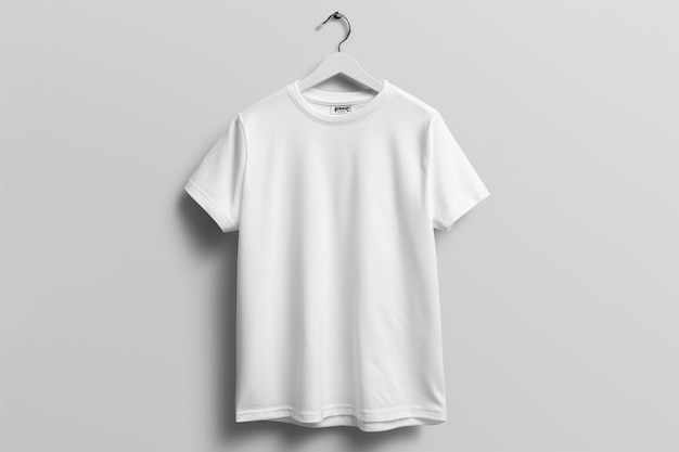 a white t shirt hangs on a hanger with a white t shirt hanging on it