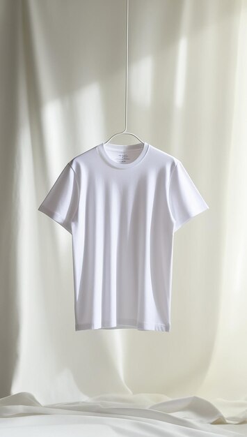 a white t shirt hangs on a hanger with a white t shirt hanging on a white hanger