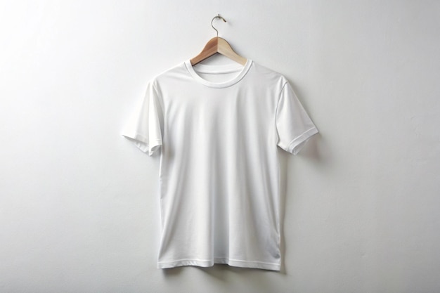 a white t - shirt hangs on a hanger with a white t - shirt hanging on a white wall