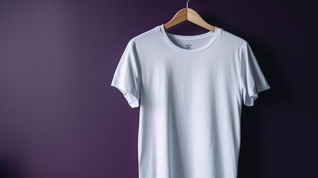 A white t - shirt hangs on a purple wall