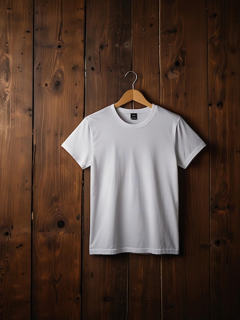 a white t shirt hangs on a wooden hanger