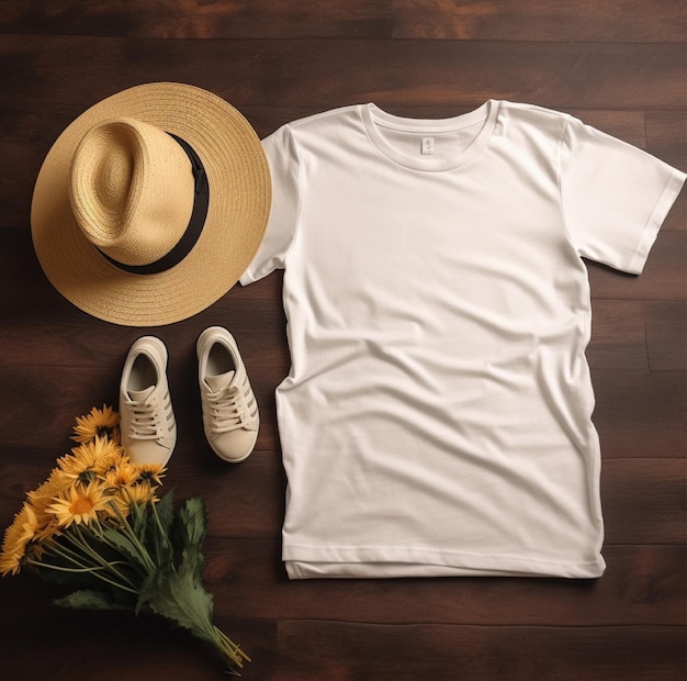 A white t - shirt and a hat are on a wooden floor with a hat and a pair of shoes.