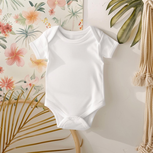 a white t shirt is hanging on a wall with a floral pattern