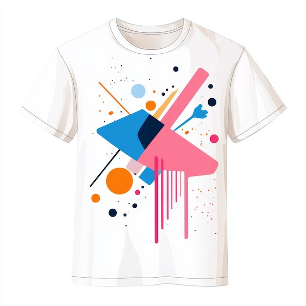 A white t shirt mockup featuring a colorful abstract geometric design with bold shapes splashes