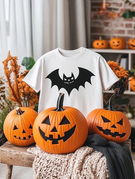 white t shirt mockup on halloween background