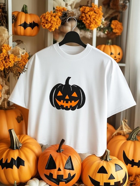 Photo white t shirt mockup on halloween background