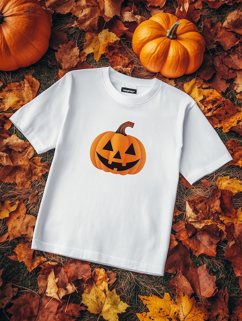 Photo white t shirt mockup on halloween background