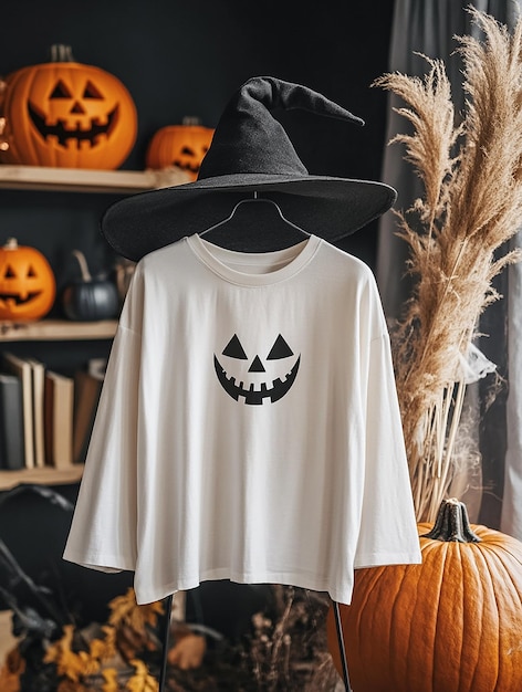 Photo white t shirt mockup on halloween background