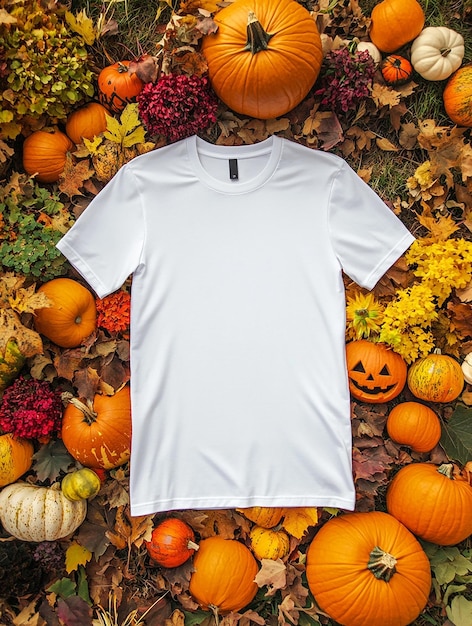 Photo white t shirt mockup on halloween background