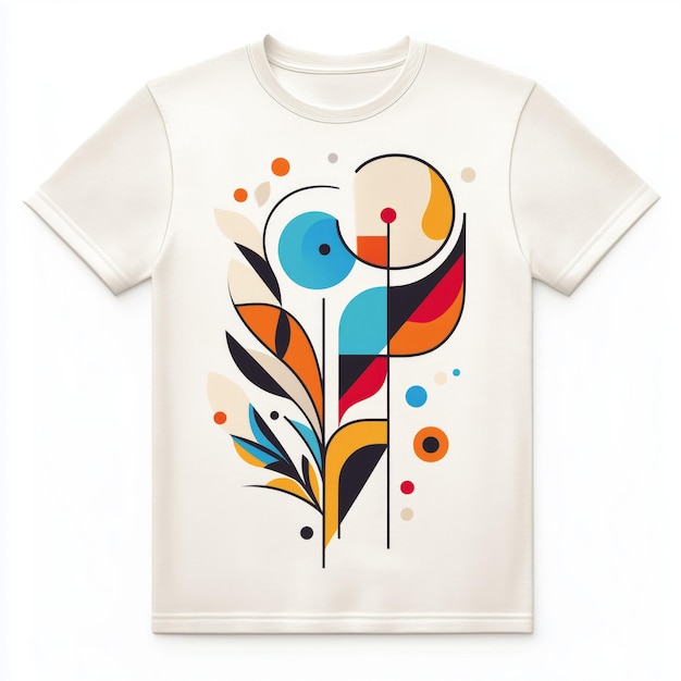 A white t shirt mockup with an abstract geometric floral design featuring vibrant colors