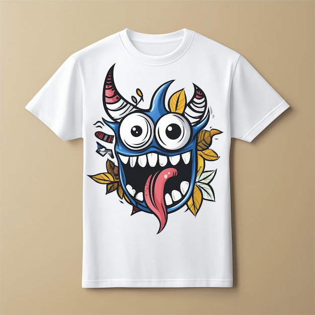 A white t shirt mockup with a funny cartoon monster design The design is colorful and features a mon