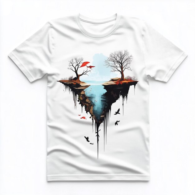 Photo a white t shirt mockup with a surreal landscape print featuring two trees birds a river and cliffs