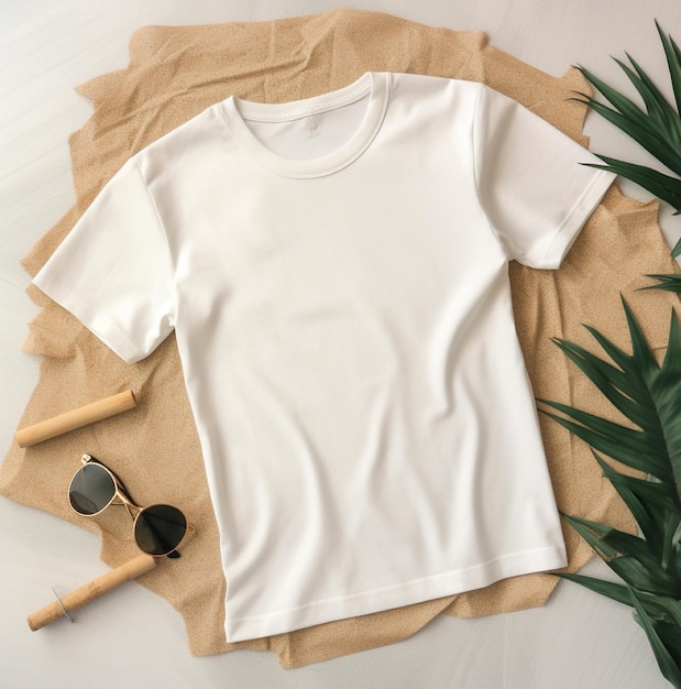 A white t - shirt and sunglasses are on a table next to a plant.