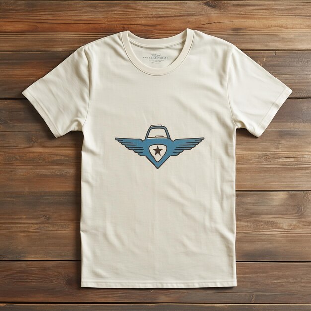 Photo a white t shirt with an airplane logo printed on the front laying flat on a wooden surface