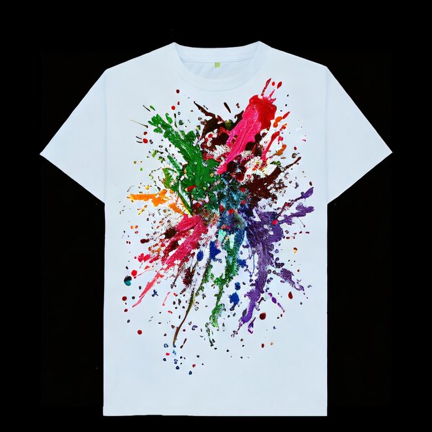 A white t - shirt with colorful paint splatters on it