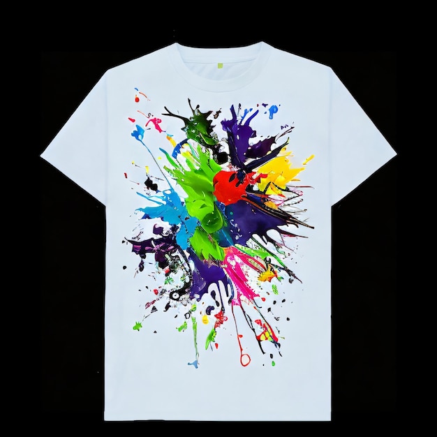 A white t - shirt with colorful paint splatters on it