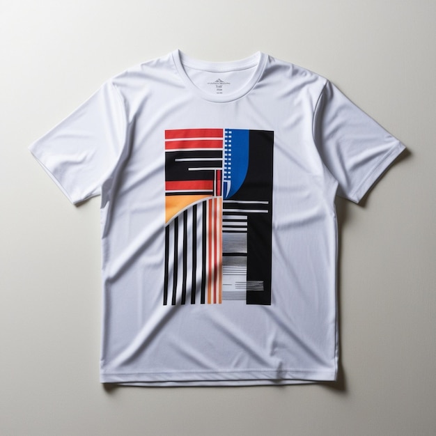 a white t shirt with a colorful pattern on it