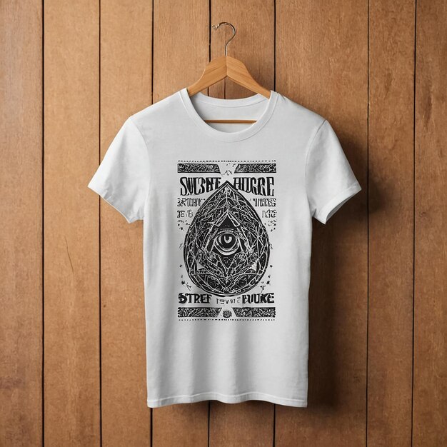 Photo white t shirt with a design on it is hanging on a wooden wall