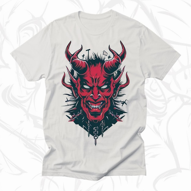 A white t shirt with a devil on it