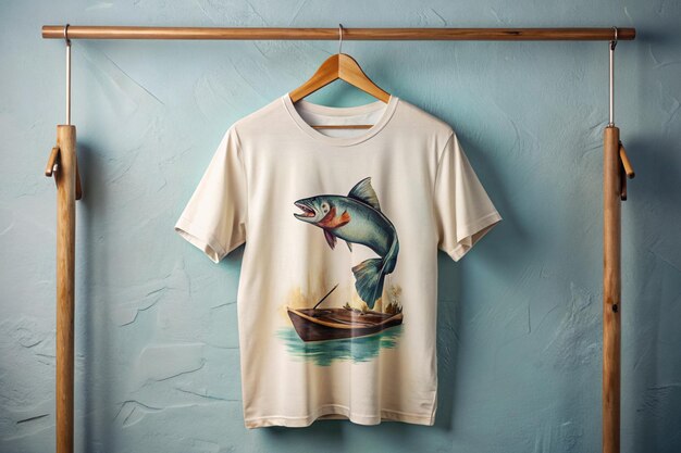 a white t shirt with a fish on it is hanging on a hanger