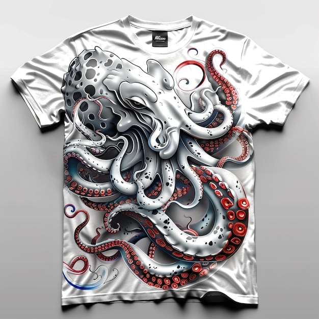 a white t shirt with a graphic of a octopus on it