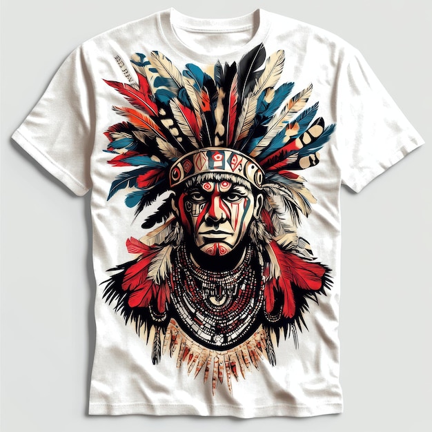 a white t - shirt with a native american headdress on it