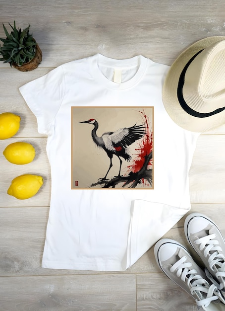 a white t - shirt with a picture of a crane on it is on a table