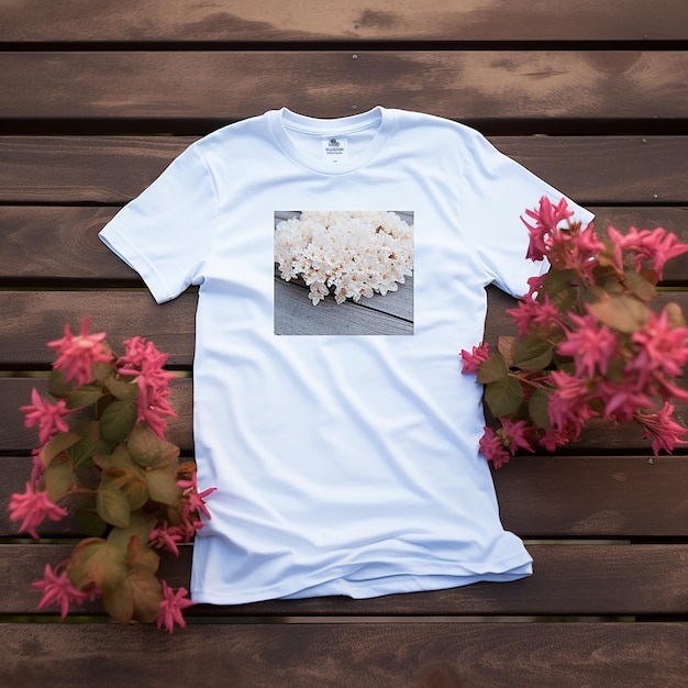 Photo a white t shirt with a picture of a flower on it is laying on a wooden surface