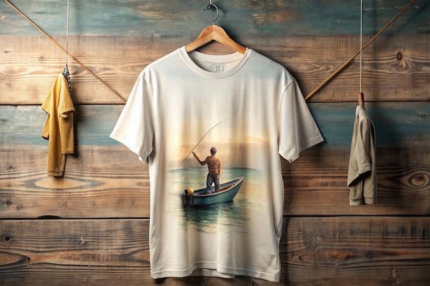 a white t shirt with a picture of a man fishing on it