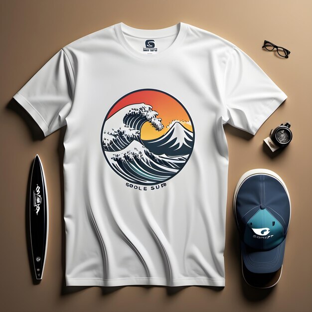 a white t shirt with a picture of a wave and a surfboard