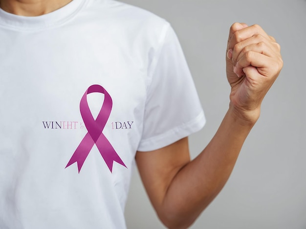 a white t shirt with a pink ribbon on it