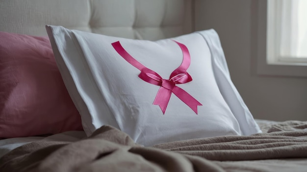 A white T shirt with a pink ribbon printed on it neatly placed in a cozy bedroom setting