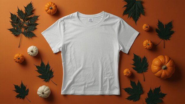 white t shirt with pumpkins and pumpkins on a orange background