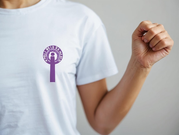 a white t shirt with a purple pin in the middle