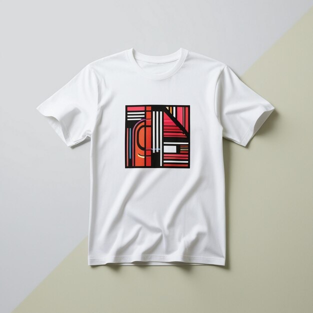 a white t shirt with a red and black design on it