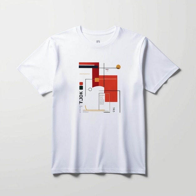 a white t shirt with a red and black design on it