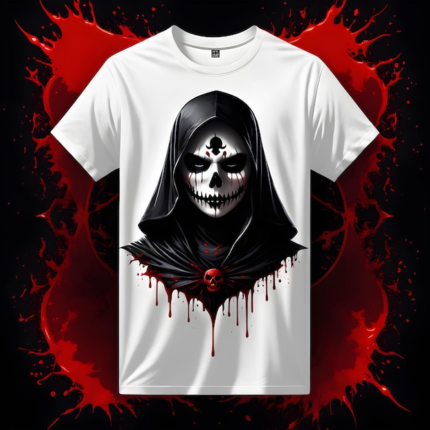 a white t shirt with a skull on it is displayed with a skull on the front