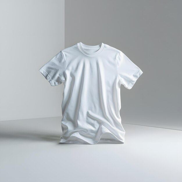 a white t shirt with a t shirt hanging on a white wall