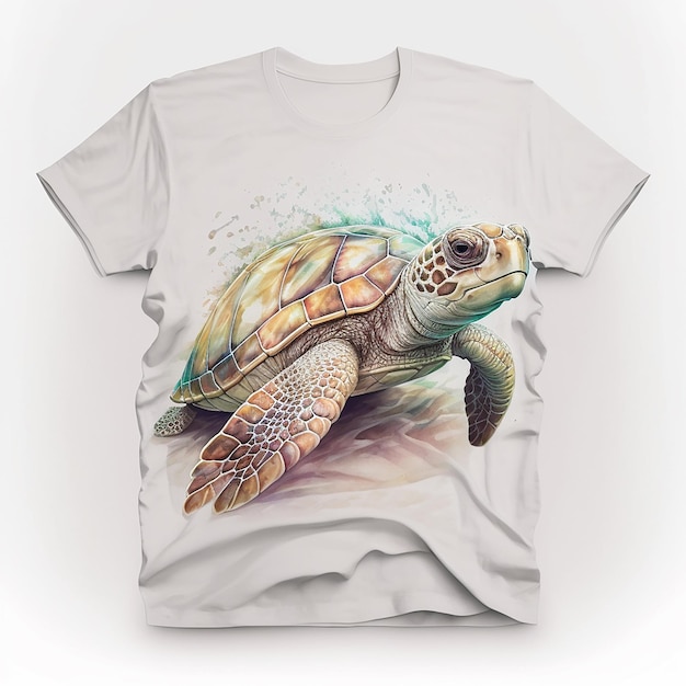 white t-shirt with a turtle print lies on a white background