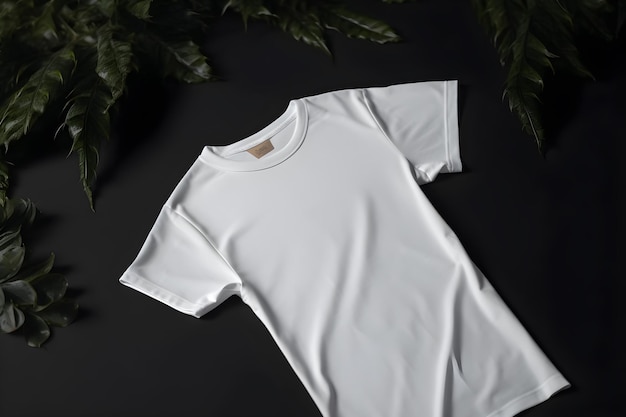 A white t - shirt with a white logo is laying on a black surface.