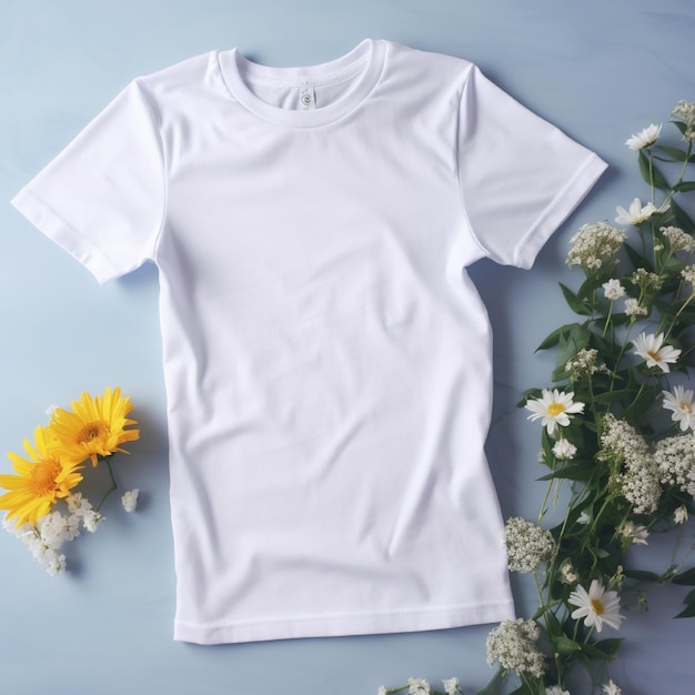 A white t - shirt with a white t - shirt on it next to flowers.