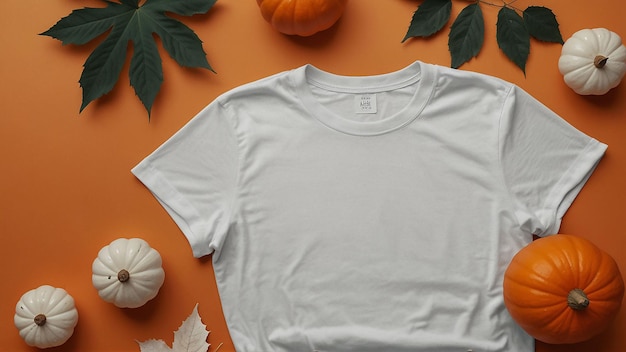 a white t shirt with a white t shirt on it is displayed with a pumpkin on the top