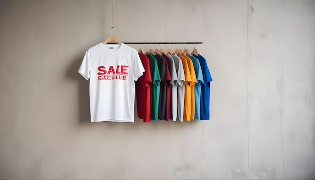 a white t shirt with the word sale on it is hanging on a rack