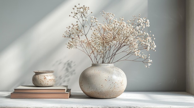 White table against a white wall featuring small plants and books