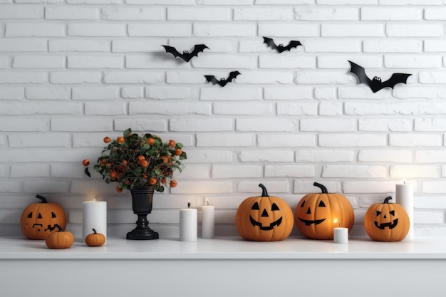 On a white table are a pumpkin and bats with a white brick wall in the backdrop composition of a Halloween decoration front view