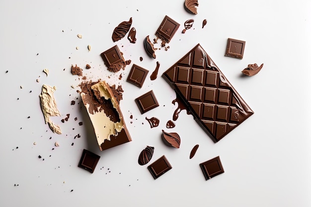 On a white table a broken chocolate bar is left in that place Horizontal arrangement a top view