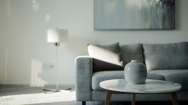 White table on carpet in front of grey settee in apartment interior with painting an Generative AI