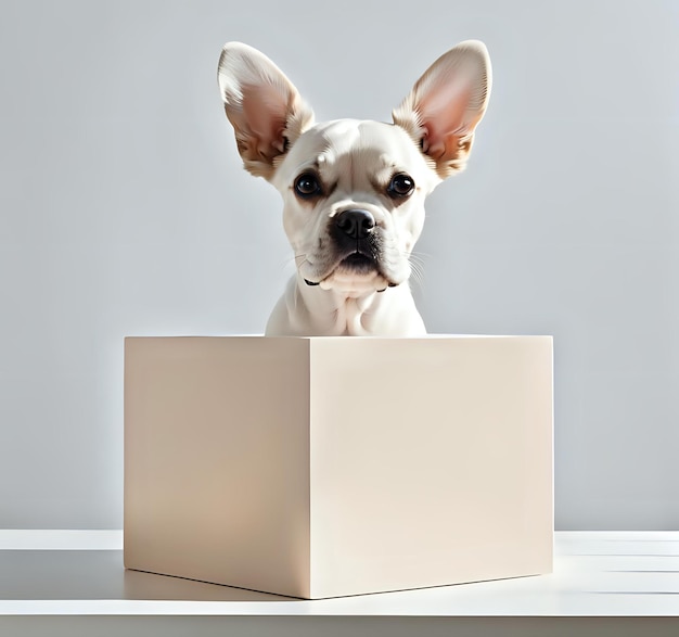 Photo white table display with hidden dog