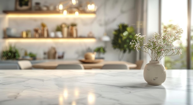 White table top on blur kitchen room backgroundModern white