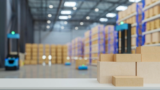 White table top blur and packing box in industrial plant3d rendering